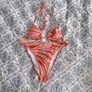 Grey Bandit Sunday Brunch Pink Orange Retro Swimsuit Bikini Top L Bottom XXL
